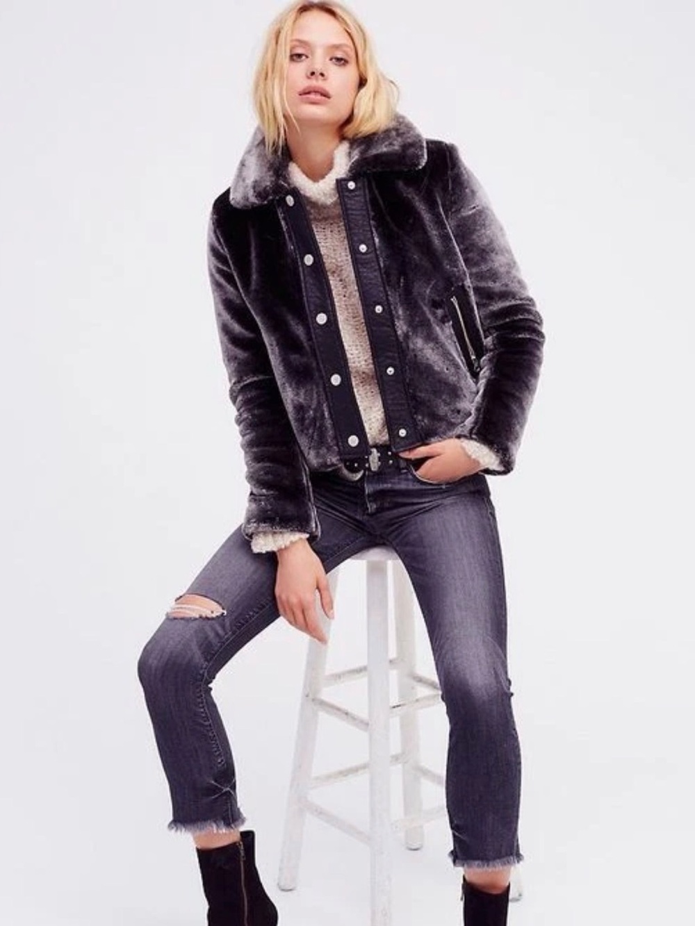 Free People Plush Fur Collared Cropped Jacket Grey Black